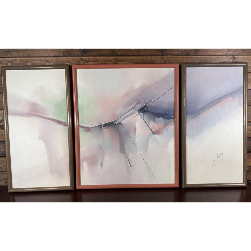 Vintage 1980s Postmodern Abstract Triptych Wall Art Set Signed By Shipley 3pc